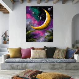 Golden Crescent Cosmic Nightscape - NicheCanvas