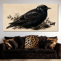Solitary Starling Perched Upon Wild Berries - NicheCanvas