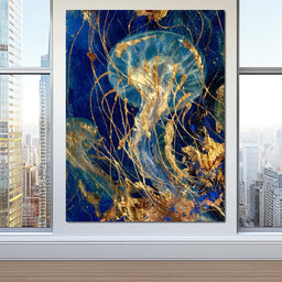Golden Jellyfish Deep Blue Sea - NicheCanvas