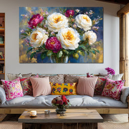 Golden Peonies on Blue Background - NicheCanvas