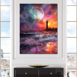 Celestial Lighthouse Tempest Waves - NicheCanvas