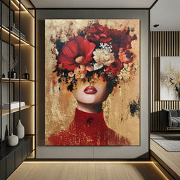 Gilded Red Floral Crown Portrait - NicheCanvas
