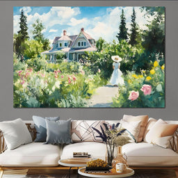 Sunlit Garden By Victorian House - NicheCanvas