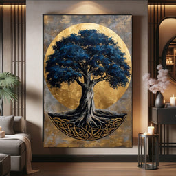 Golden Halo Blue Tree of Life - NicheCanvas