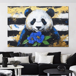 Golden Panda with Indigo Blooms - Alicia Smith - NicheCanvas