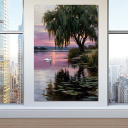 Swan Lake Sunset Willow Tree - NicheCanvas