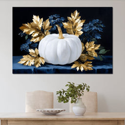 White Pumpkin And Golden Leaves - NicheCanvas