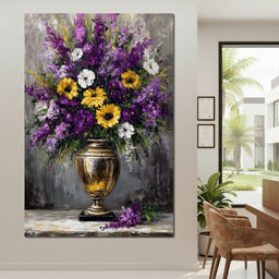 Golden Vase Violet Sunflowers - NicheCanvas