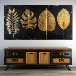 Golden Leaves on Black Background - NicheCanvas