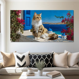 Cycladic Feline Sunlit Terrace - NicheCanvas