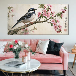 Small Bird Perched Upon Pink Petals - NicheCanvas