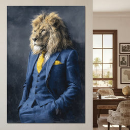 Regal Lion Portrait Blue Suit - NicheCanvas