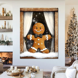 Gingerbread Joy At Snowy Window - NicheCanvas