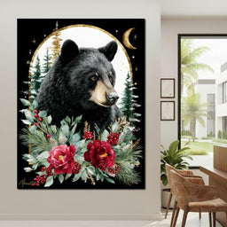 Moonlit Floral Gold Black Bear - NicheCanvas