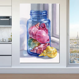 Seashells Jar Sunlit Window - NicheCanvas
