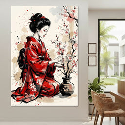 Japanese Woman with Cherry Blossoms - NicheCanvas