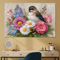 Garden Sparrow and Bumblebee - NicheCanvas