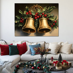 Golden Christmas Bells and Holly - NicheCanvas
