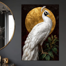Golden Halo White Peacock Pose - NicheCanvas