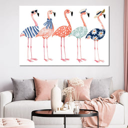 Four Stylish Flamingos on Summer Vacation - NicheCanvas