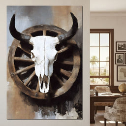 Western Bull Skull Wagon Wheel - NicheCanvas