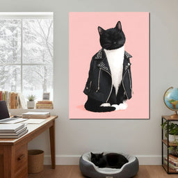 Biker Cat Attitude On Soft Pink - NicheCanvas