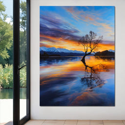 Lone Willow Sunset Reflection - NicheCanvas