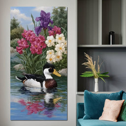 Duck Tranquility Floral Reflection - NicheCanvas