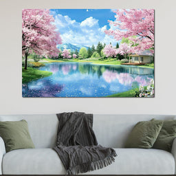 Cherry Blossom Lakeside Harmony - NicheCanvas