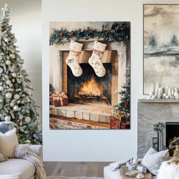 Christmas Gift Socks by the Fireplace - NicheCanvas