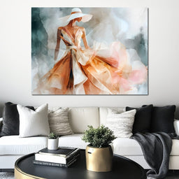 Sun Hat Lady in Peach Gown - NicheCanvas