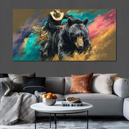 Cowboy Riding Wild Bear - NicheCanvas