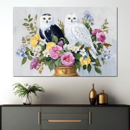 Snowy Owls Floral - NicheCanvas
