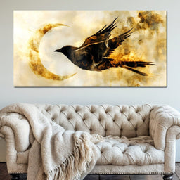 Golden Flight Under Crescent Moon - NicheCanvas