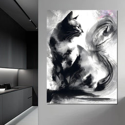 Sumi Ink Cat Reflecting Shadow - NicheCanvas