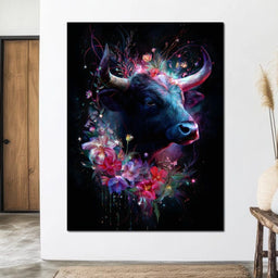 Cosmic Floral Bull Radiance - NicheCanvas