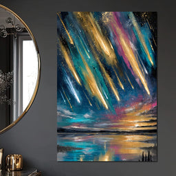 Golden Meteors Over Silent Lake - NicheCanvas