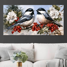 Two Chickadees Upon The Holly Branch - NicheCanvas