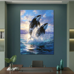 Breaching Orcas Dawn Ocean Dance - NicheCanvas