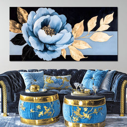 Golden Petals Blue Elegance - NicheCanvas
