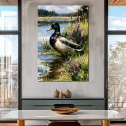 Solitary Mallard By The Still Shore - NicheCanvas