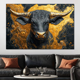 Majestic Bull Amid Gold Swirls - NicheCanvas
