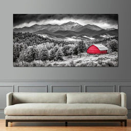 Red Barn in Monochrome Vista - NicheCanvas
