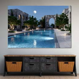 Moonlit Stone Courtyard Pool - NicheCanvas