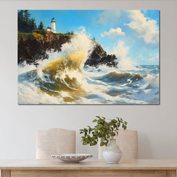 Towering Waves Against Lighthouse - NicheCanvas