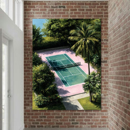 Palm Court Tennis Retreat Scene - NicheCanvas