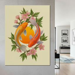 Koi Duet With Sakura Circle - NicheCanvas