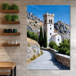 Mediterranean Stone Tower Pathway - NicheCanvas