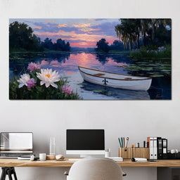 Tranquil Lotus Evening Rowboat - NicheCanvas