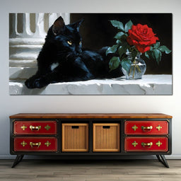 Black Cat and Red Rose - NicheCanvas